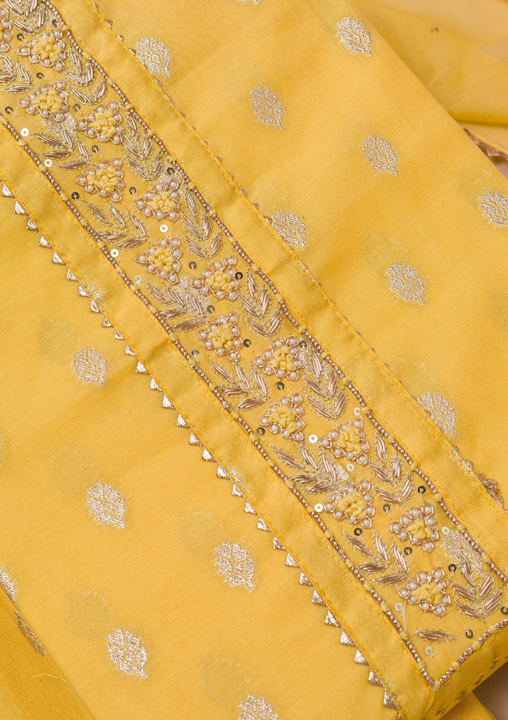 Yellow Zariwork Art Silk Unstitched Salwar Suit-Koskii