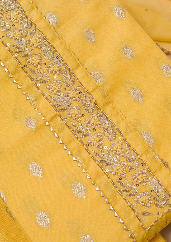 Yellow Zariwork Art Silk Unstitched Salwar Suit-Koskii