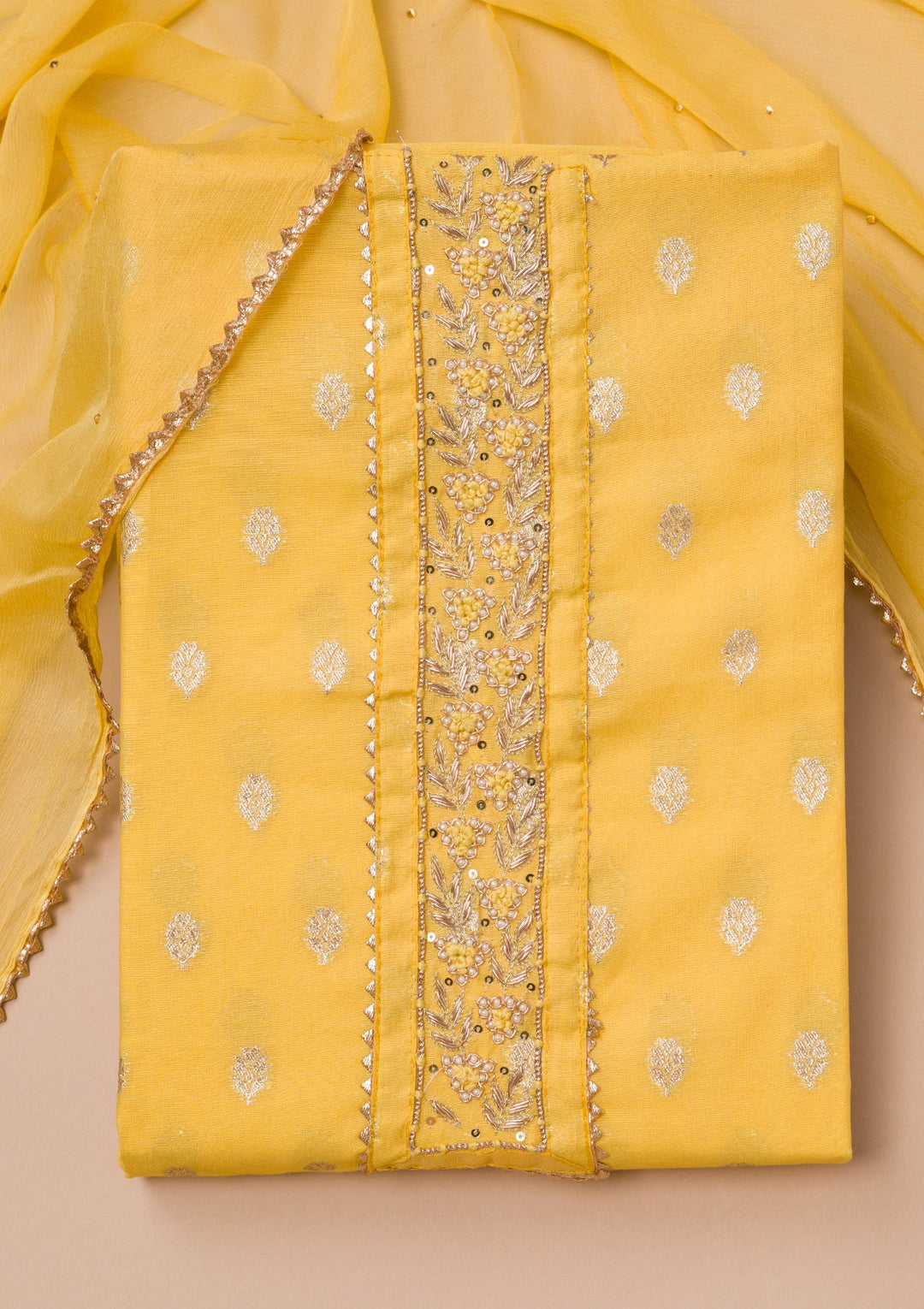Yellow Zariwork Art Silk Unstitched Salwar Suit-Koskii