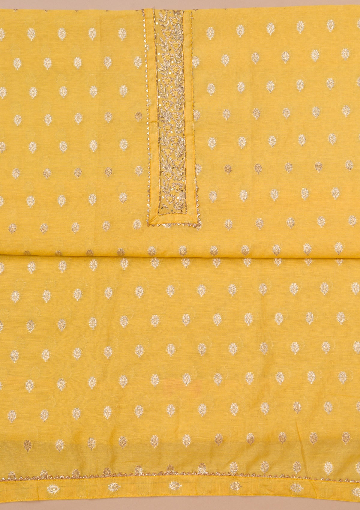 Yellow Zariwork Art Silk Unstitched Salwar Suit-Koskii