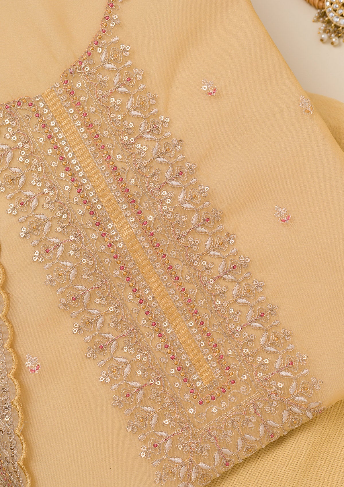 Yellow Zariwork Art Silk Unstitched Salwar Suit-Koskii