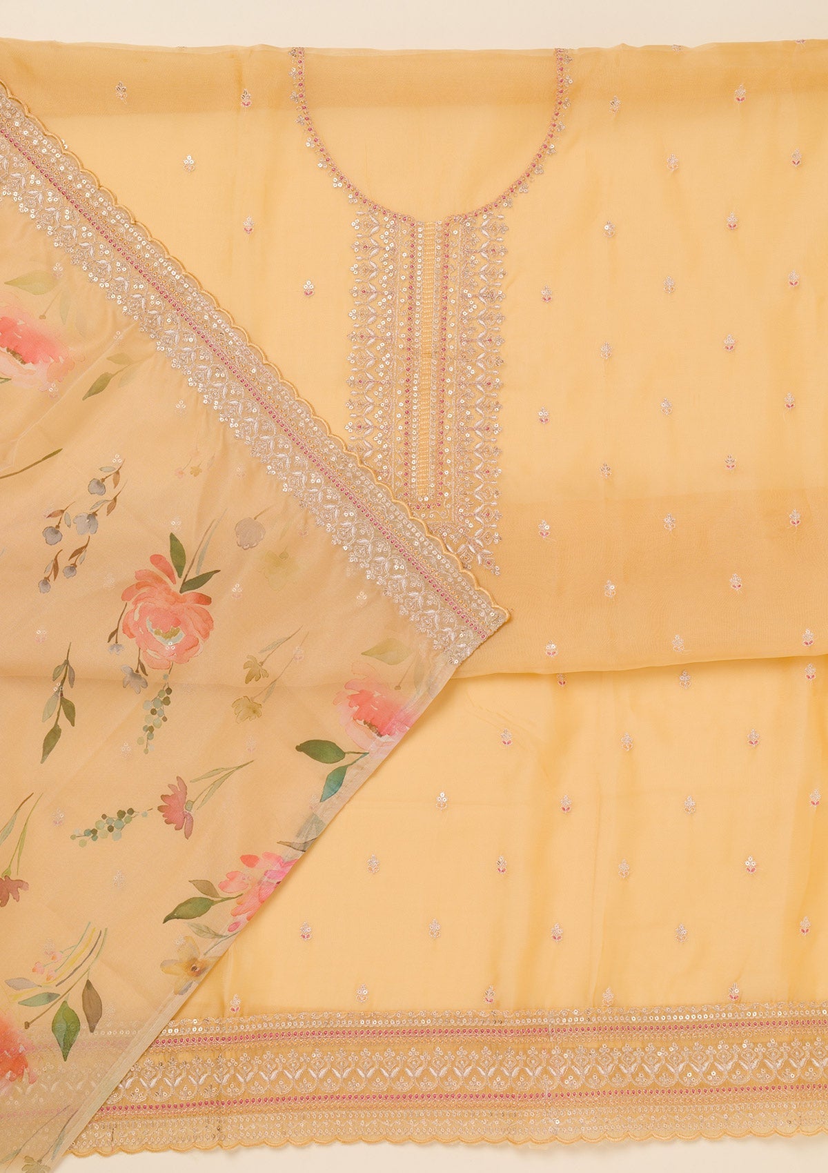 Yellow Zariwork Art Silk Unstitched Salwar Suit-Koskii