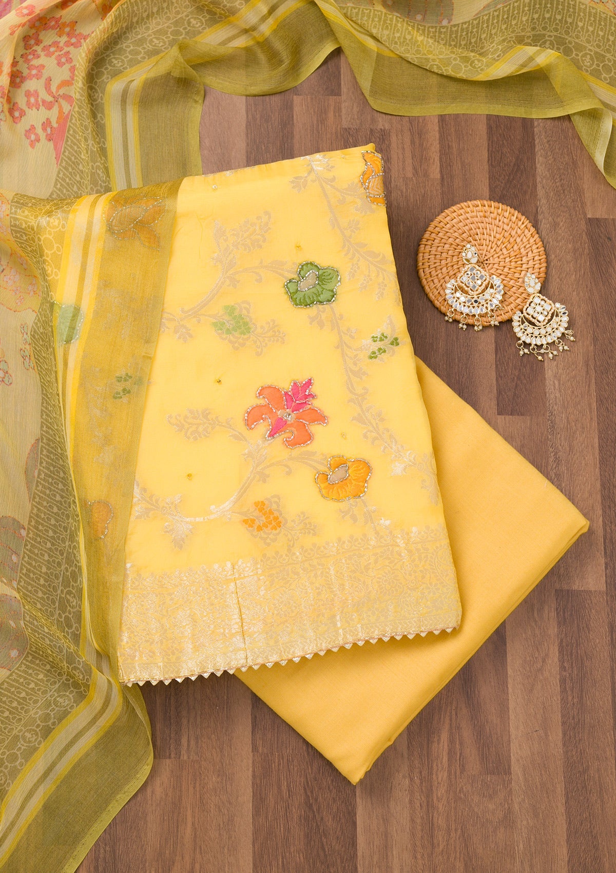 Yellow Zariwork Art Silk Unstitched Salwar Suit-Koskii