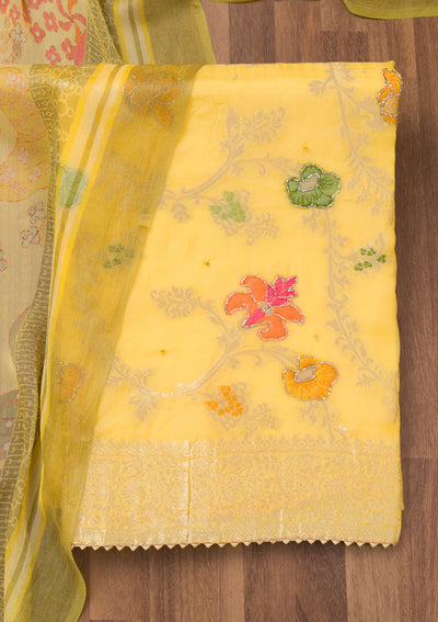 Yellow Zariwork Art Silk Unstitched Salwar Suit-Koskii