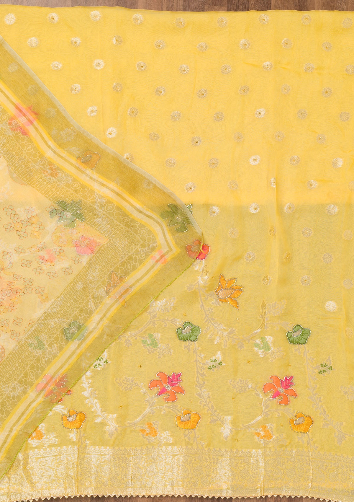 Yellow Zariwork Art Silk Unstitched Salwar Suit-Koskii