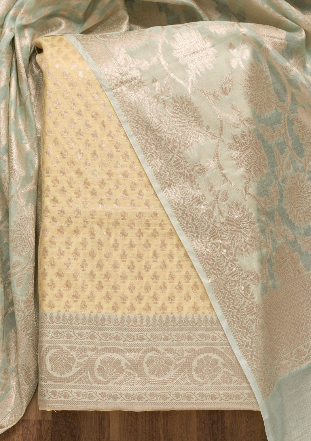 Yellow Zariwork Banarasi Unstitched Salwar Suit-Koskii