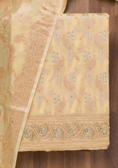 Yellow Zariwork Banarasi Unstitched Salwar Suit-Koskii