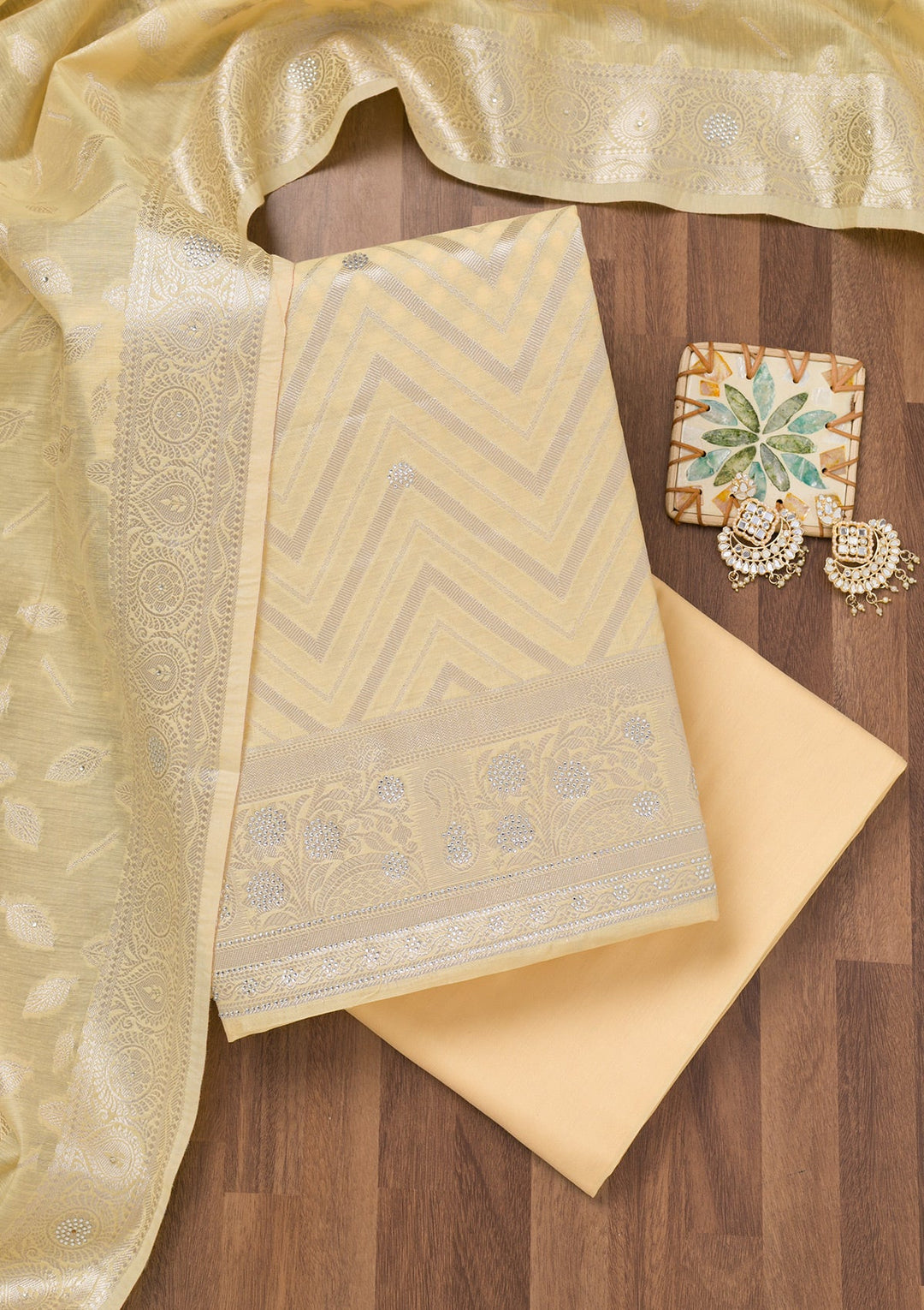 Yellow Zariwork Banarasi Unstitched Salwar Suit-Koskii
