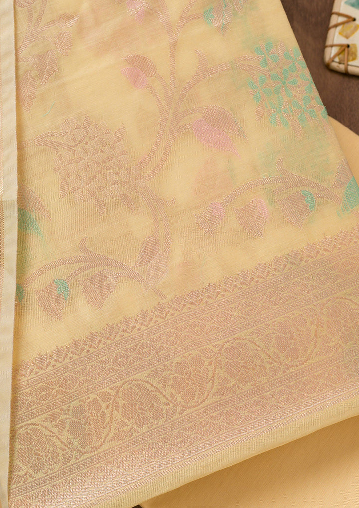 Yellow Zariwork Banarasi Unstitched Salwar Suit-Koskii