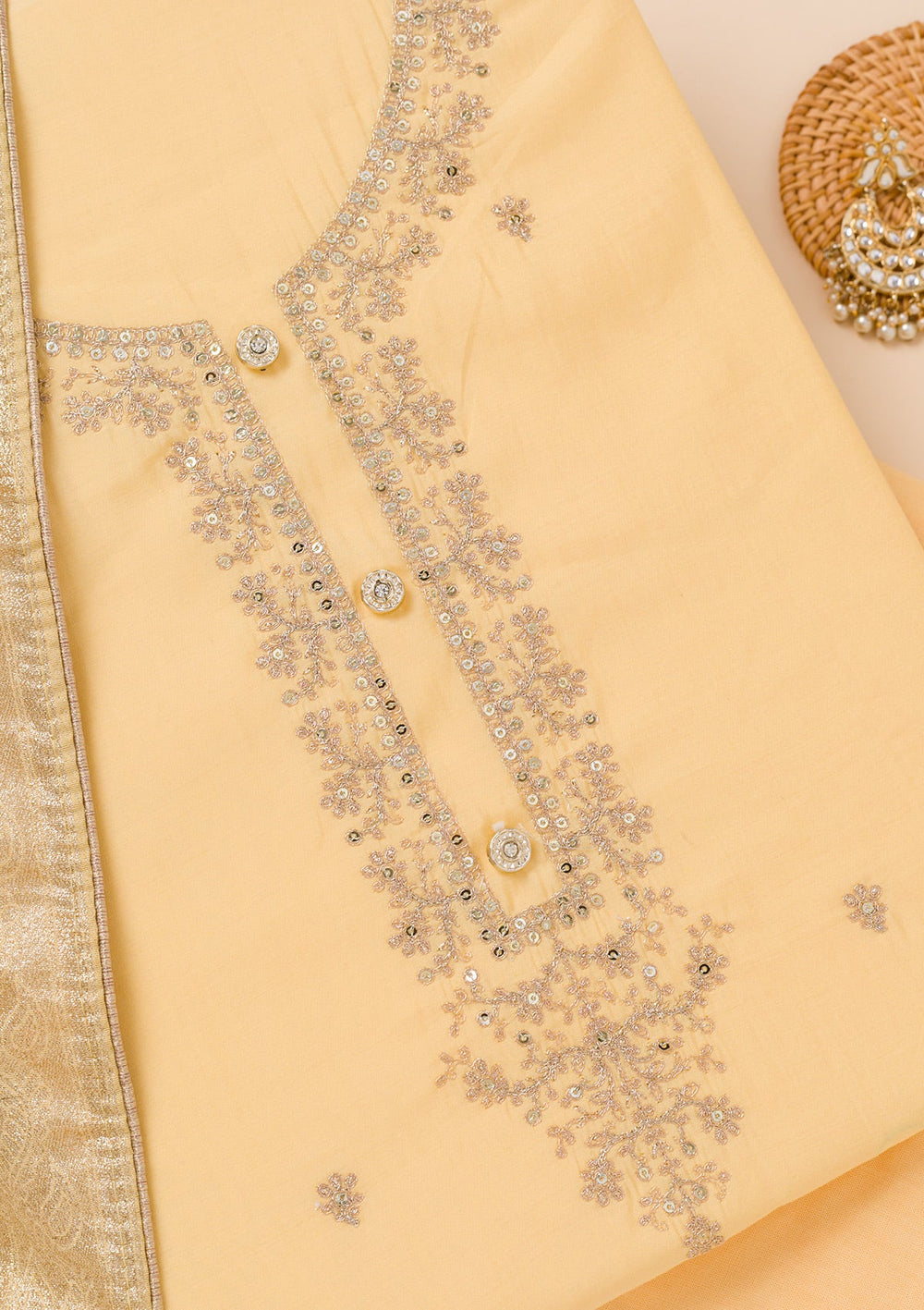 Yellow Zariwork Chanderi Unstitched Salwar Suit-Koskii