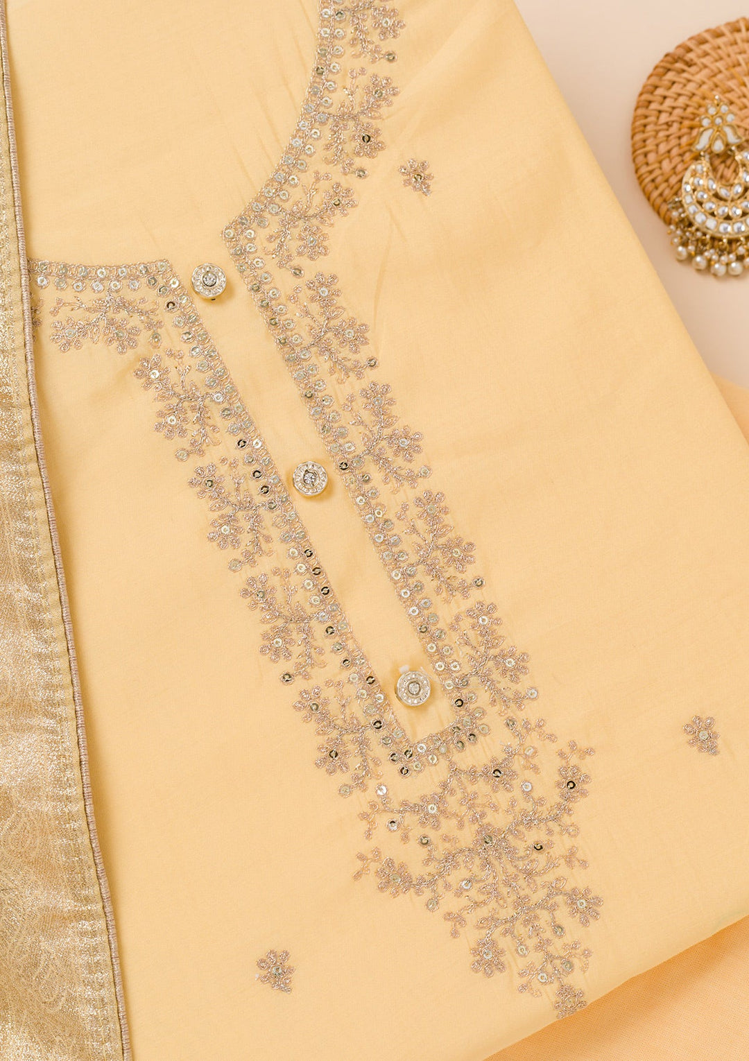 Yellow Zariwork Chanderi Unstitched Salwar Suit-Koskii