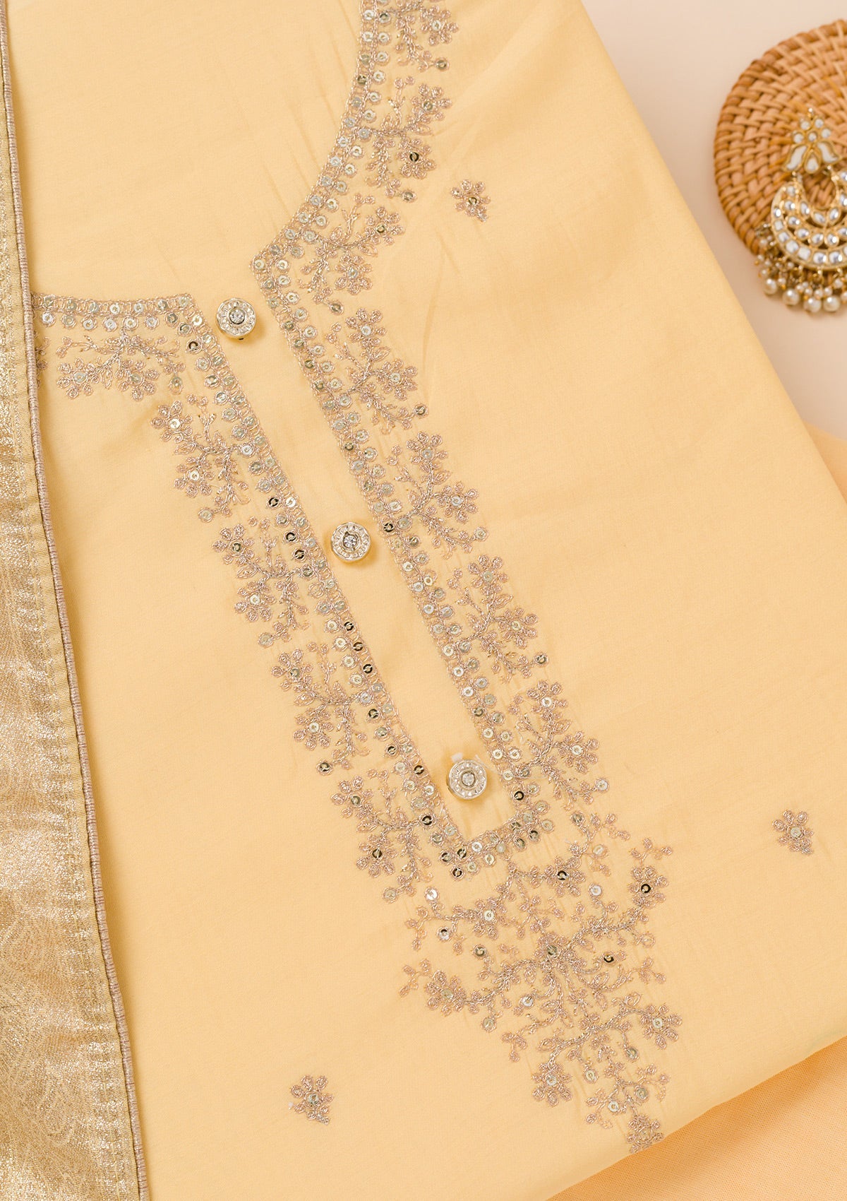 Yellow Zariwork Chanderi Unstitched Salwar Suit-Koskii