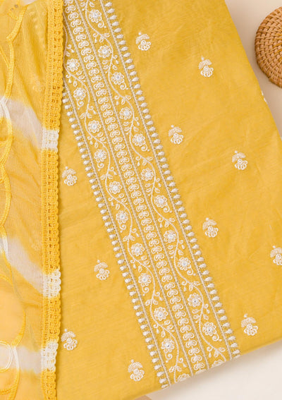 Yellow Zariwork Chanderi Unstitched Salwar Suit-Koskii