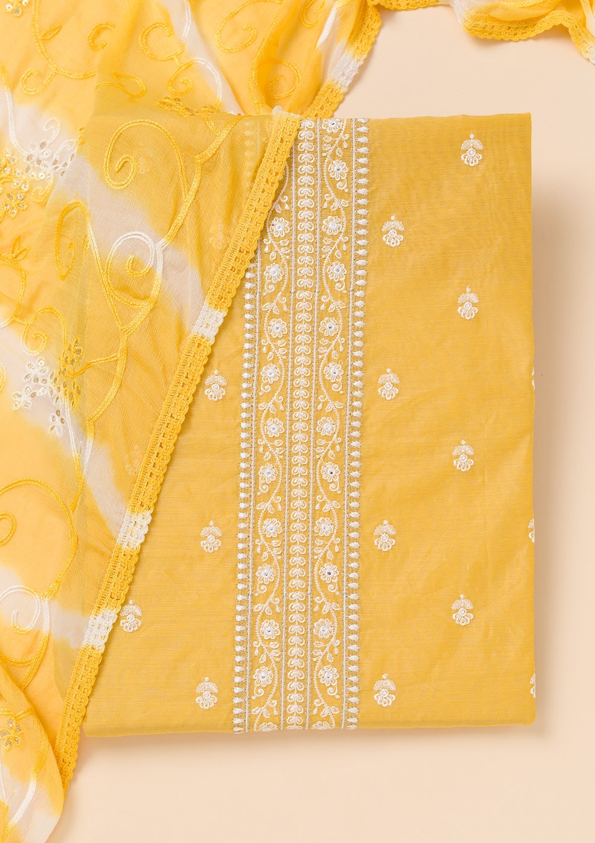 Yellow Zariwork Chanderi Unstitched Salwar Suit-Koskii