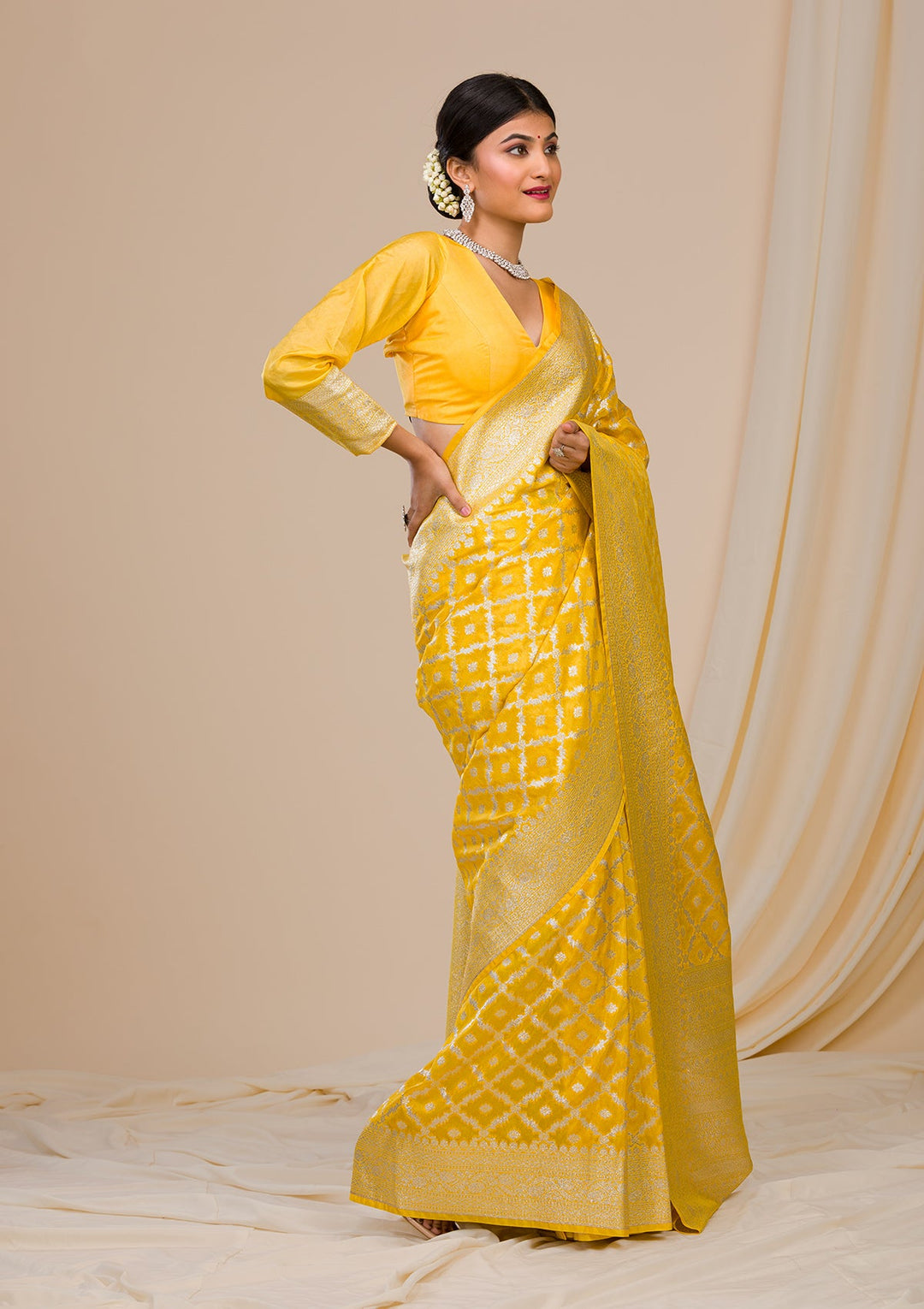 Gold Stonework Satin Designer Saree-Koskii