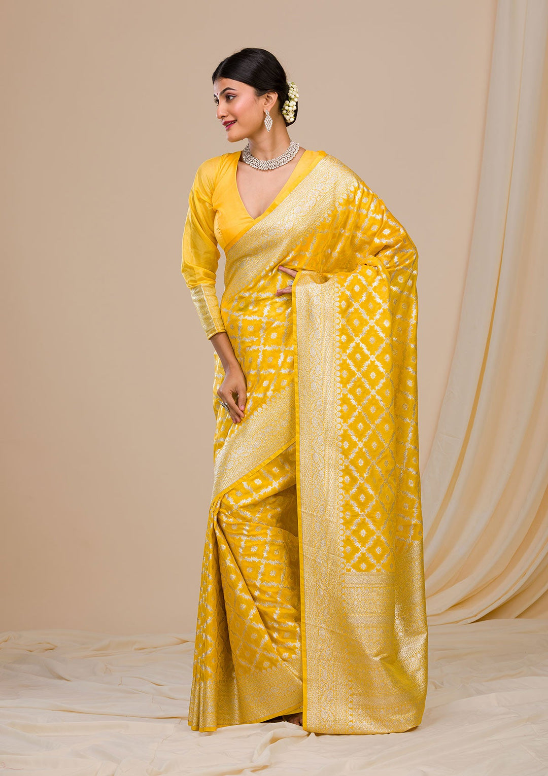 Gold Stonework Satin Designer Saree-Koskii