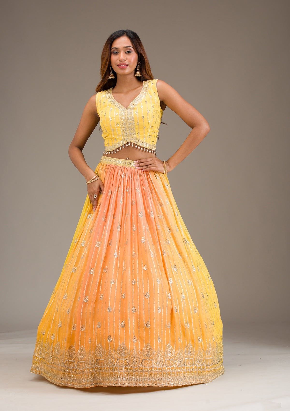 Yellow Zariwork Georgette Readymade Lehenga