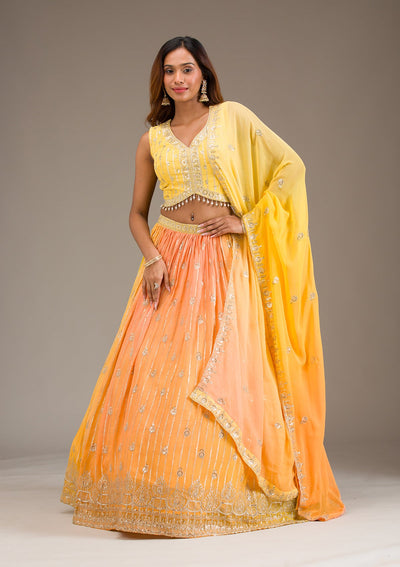 Yellow Zariwork Georgette Readymade Lehenga-Koskii