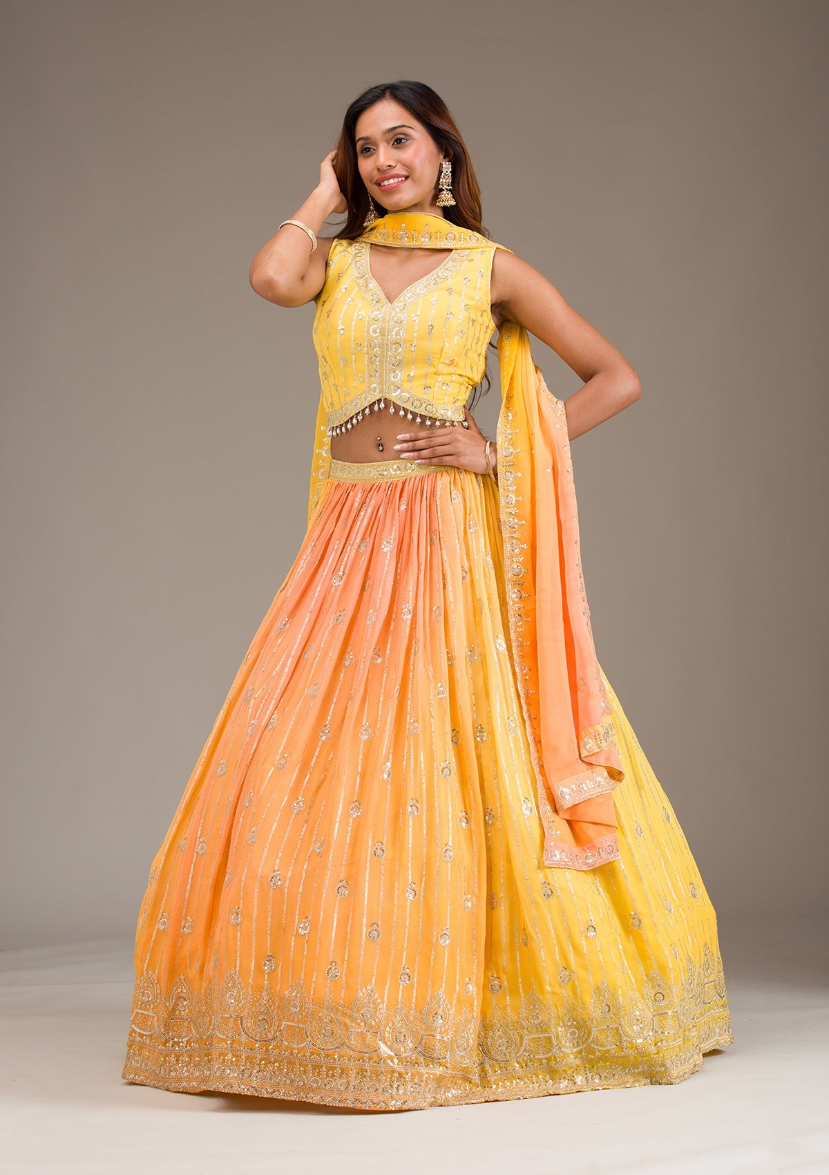 Yellow Zariwork Georgette Readymade Lehenga