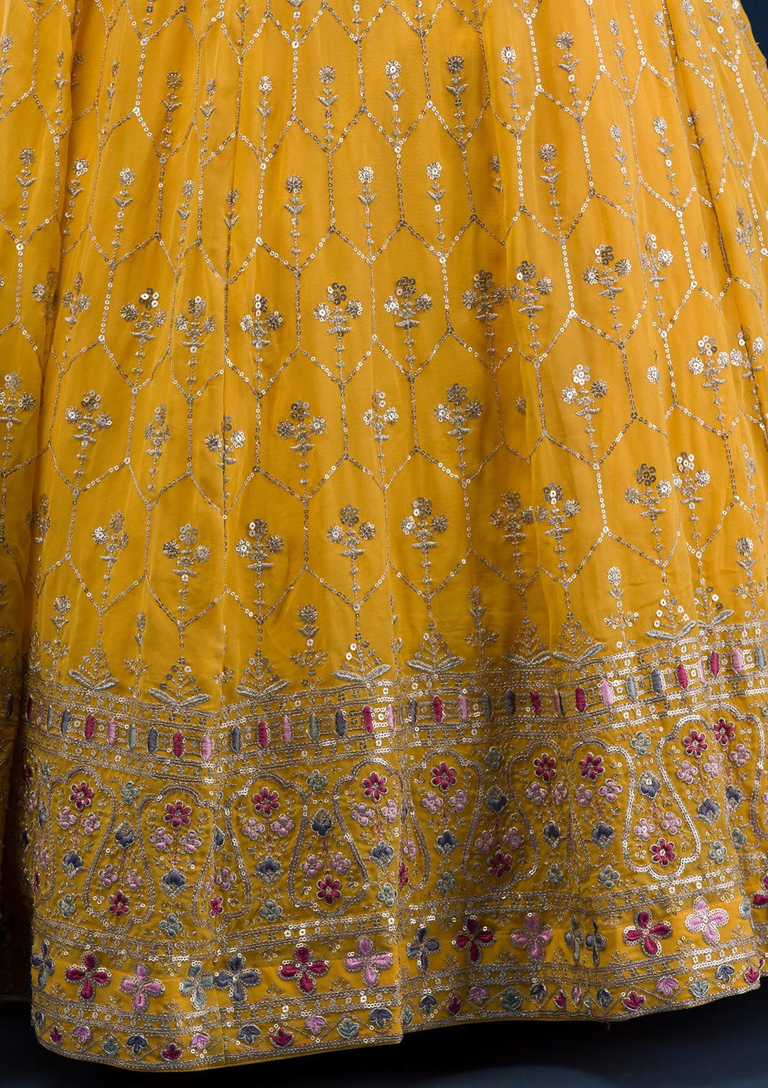 Yellow Zariwork Georgette Readymade Lehenga-Koskii