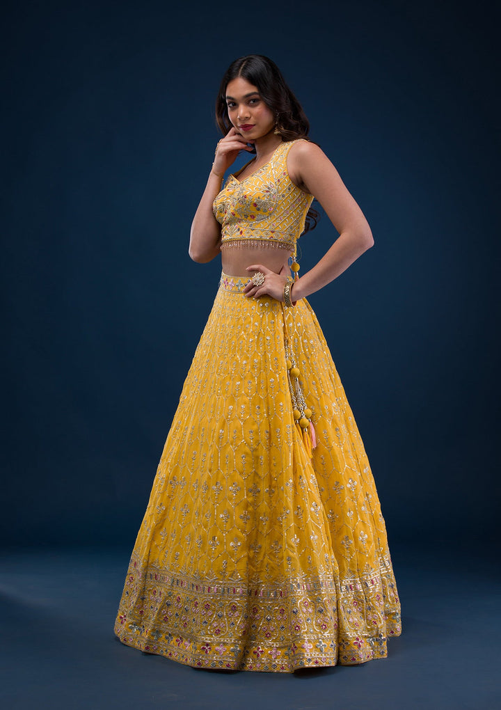 Yellow Zariwork Georgette Readymade Lehenga-Koskii