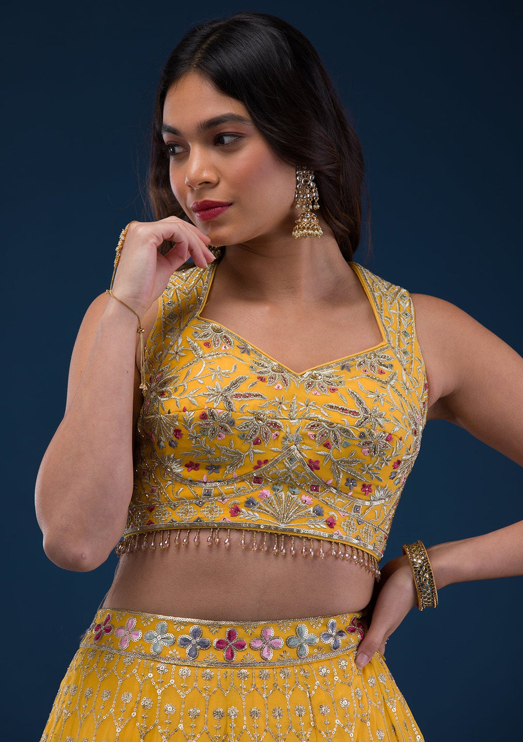 Yellow Zariwork Georgette Readymade Lehenga-Koskii