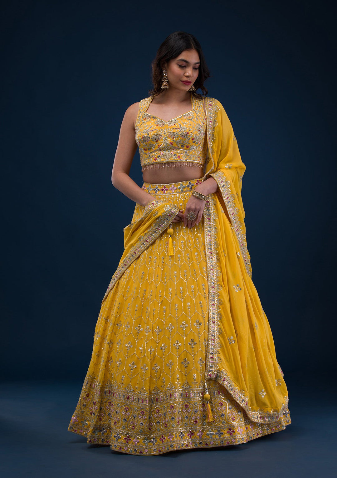 Yellow Zariwork Georgette Readymade Lehenga-Koskii