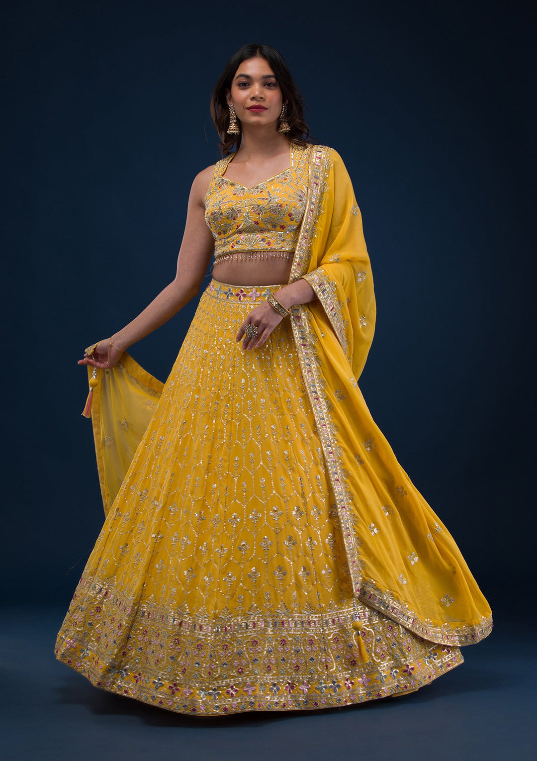 Yellow Zariwork Georgette Readymade Lehenga-Koskii