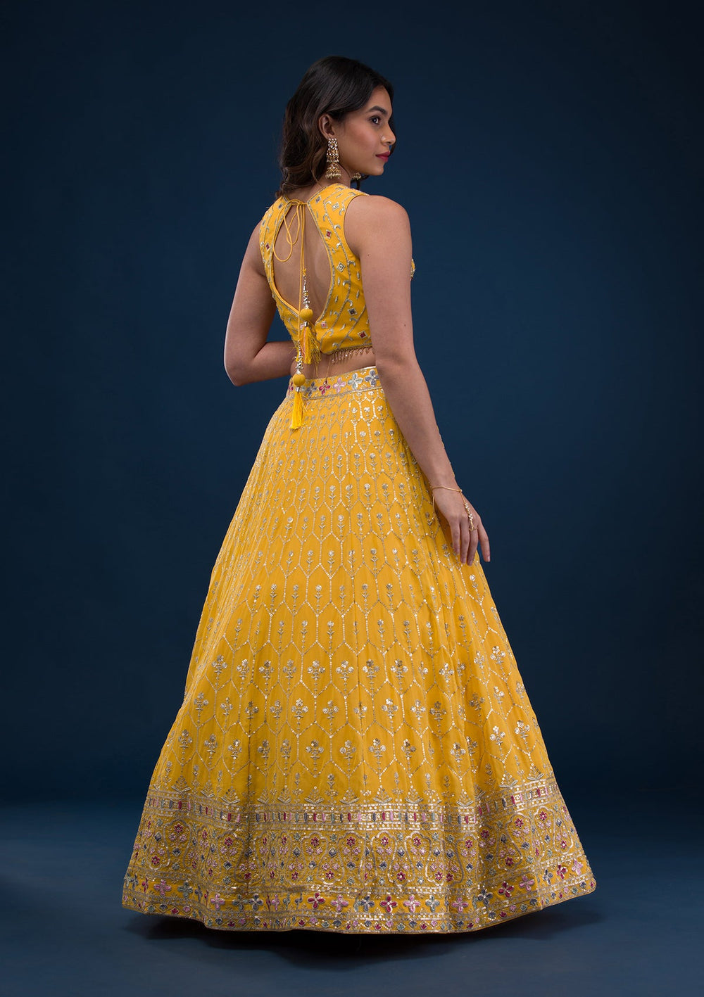 Yellow Zariwork Georgette Readymade Lehenga-Koskii