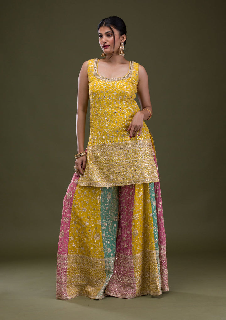 Yellow Zariwork Georgette Readymade Salwar Suit-Koskii