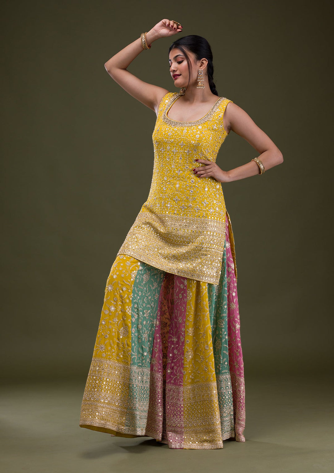 Yellow Zariwork Georgette Readymade Salwar Suit-Koskii