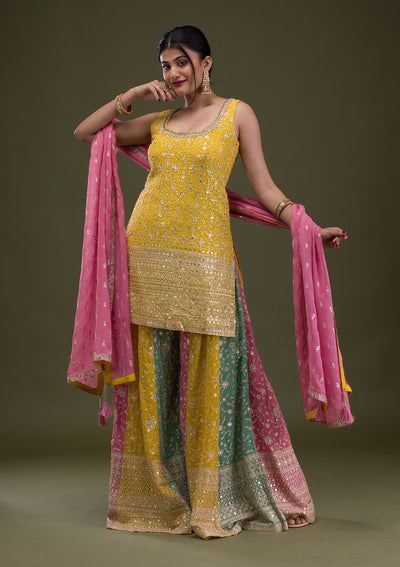 Yellow Zariwork Georgette Readymade Salwar Suit-Koskii