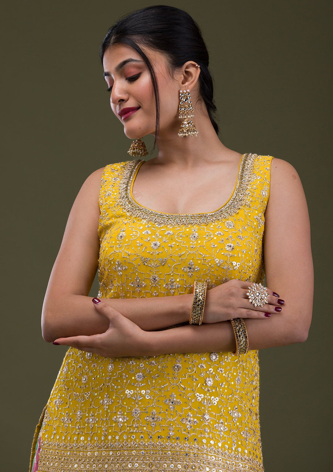 Yellow Zariwork Georgette Readymade Salwar Suit-Koskii