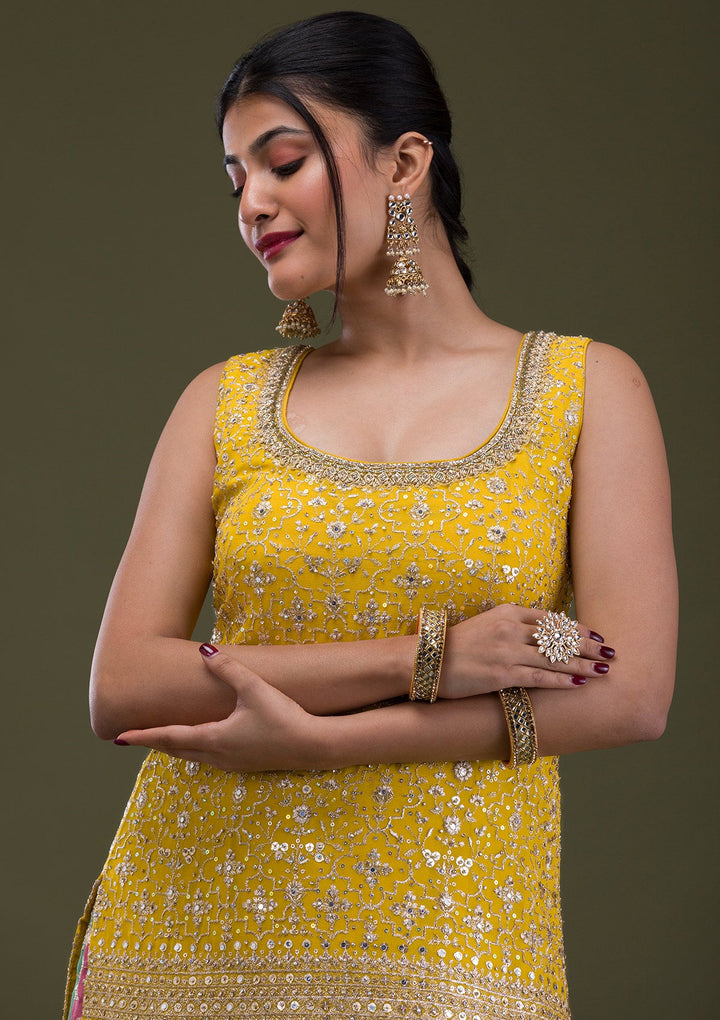 Yellow Zariwork Georgette Readymade Salwar Suit-Koskii