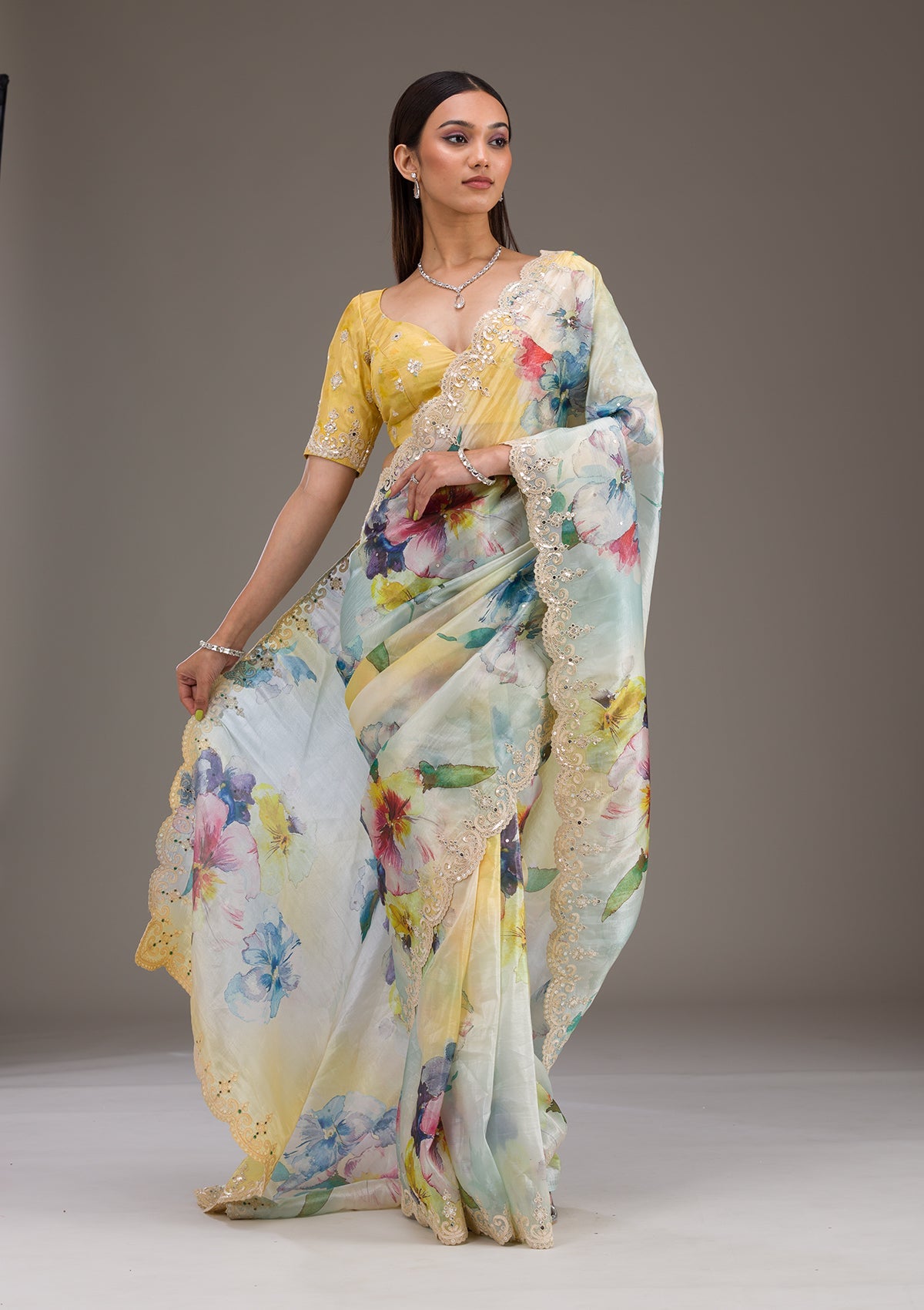 Yellow Zariwork Georgette Saree-Koskii