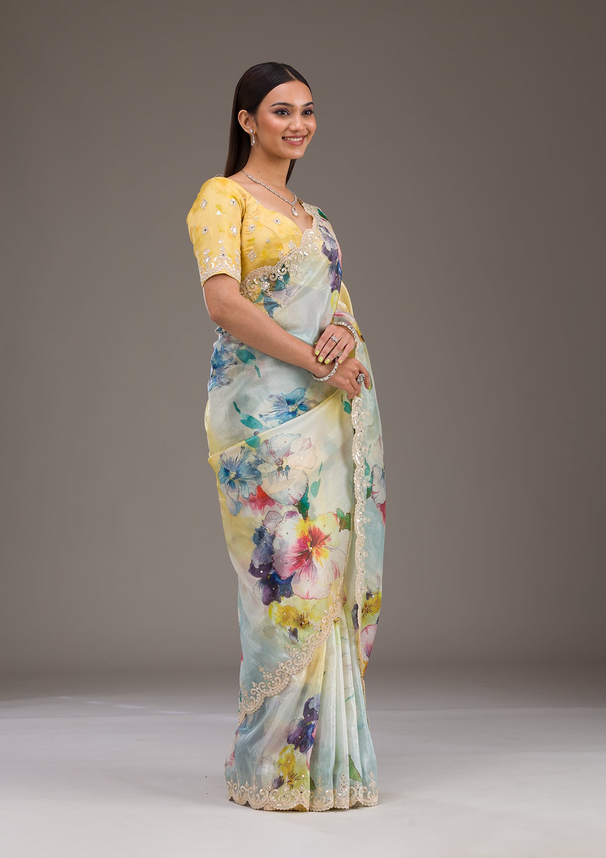 Yellow Zariwork Georgette Saree-Koskii