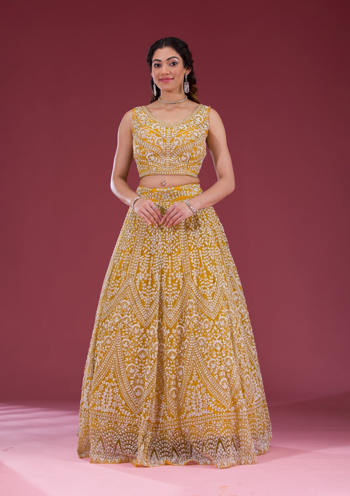 Yellow Zariwork Net Readymade Lehenga-Koskii