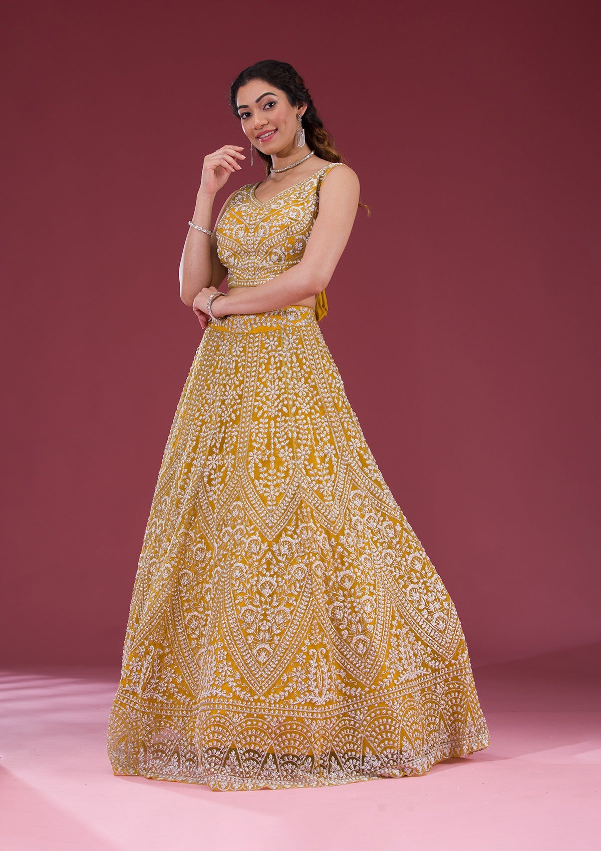 Yellow Zariwork Net Readymade Lehenga-Koskii