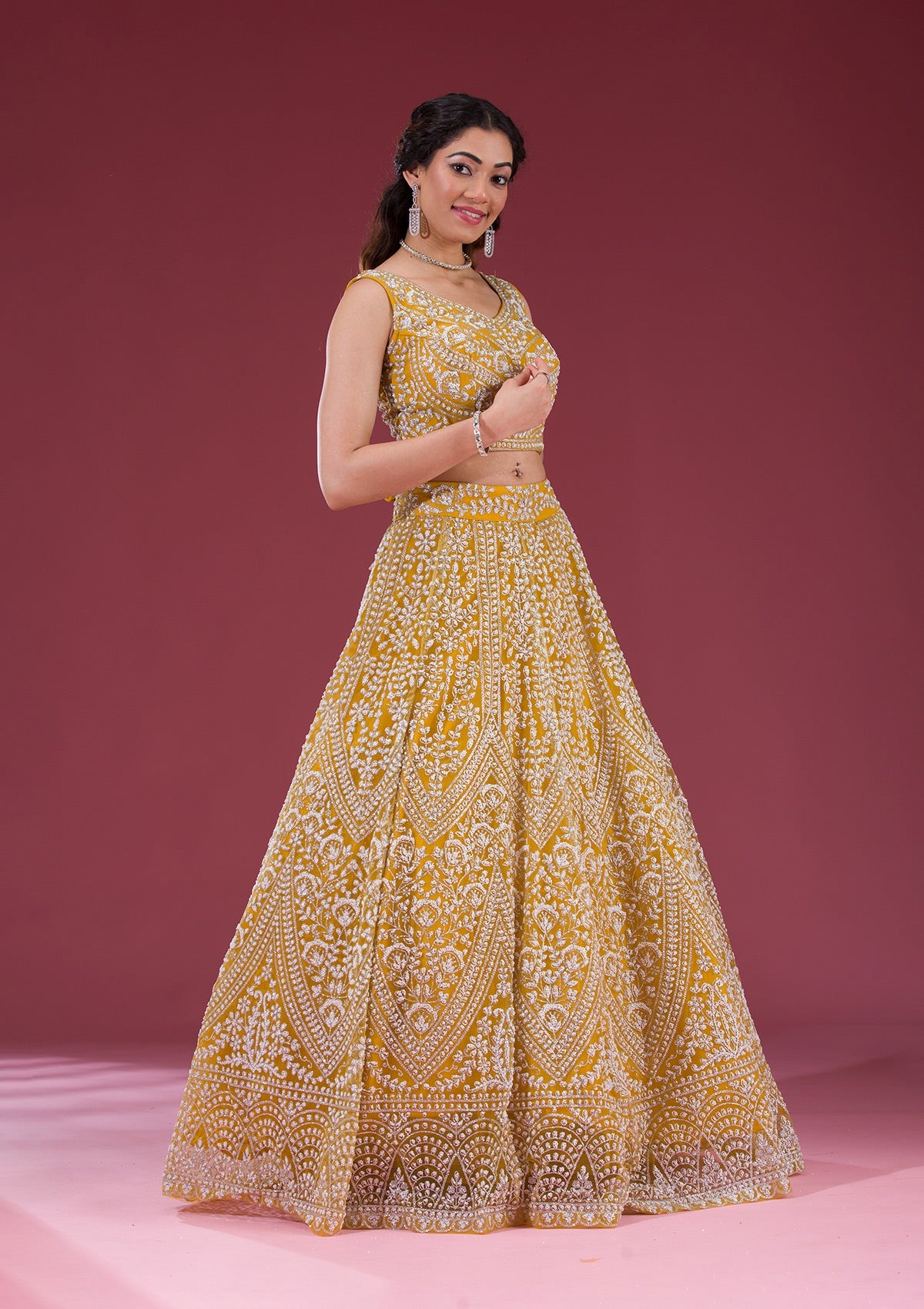 Yellow Zariwork Net Readymade Lehenga-Koskii