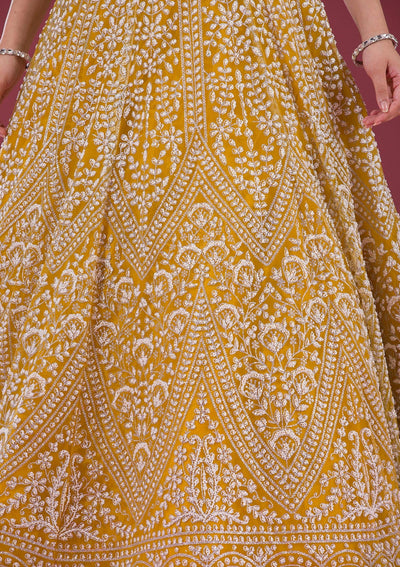 Yellow Zariwork Net Readymade Lehenga-Koskii