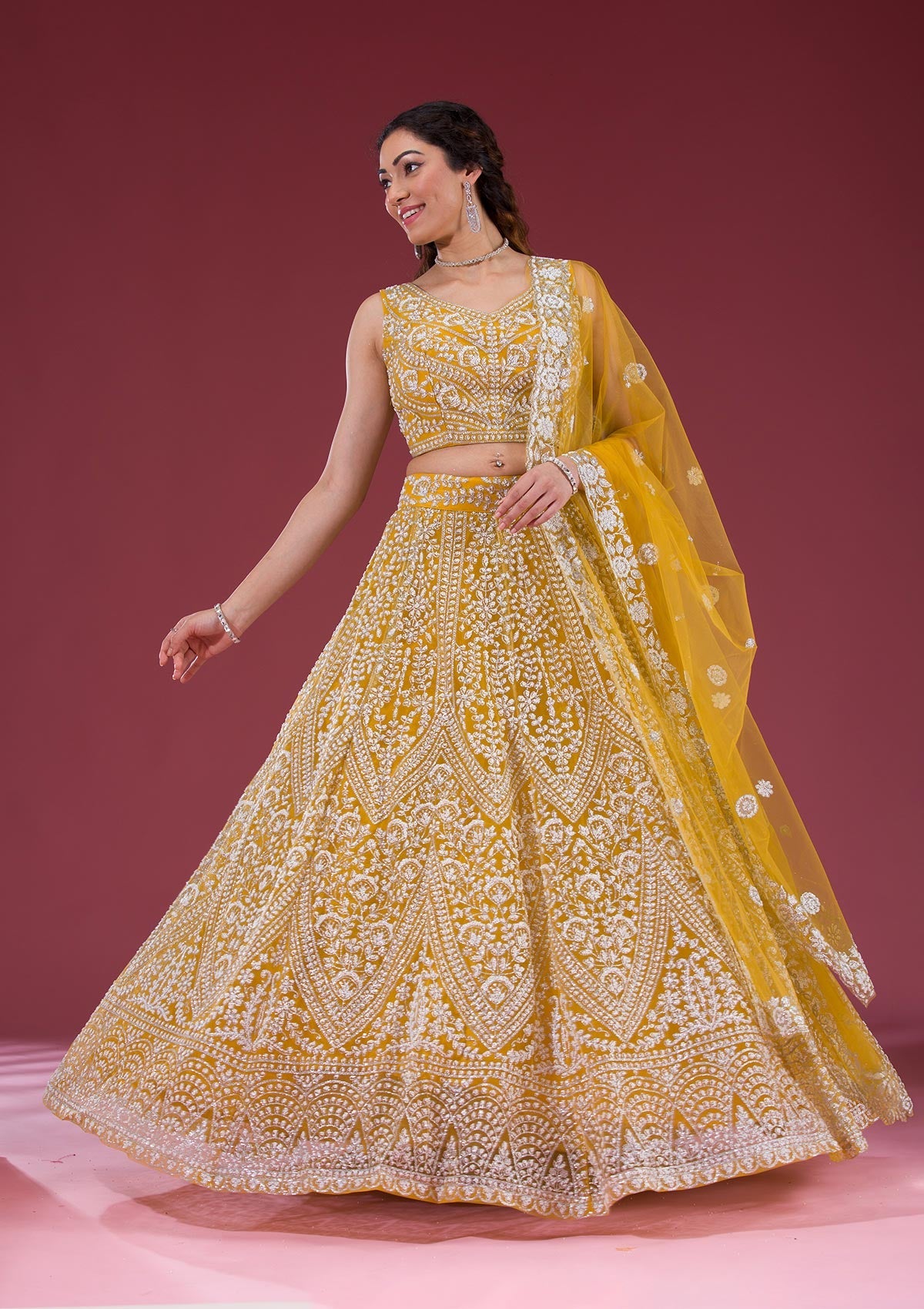 Yellow Zariwork Net Readymade Lehenga-Koskii