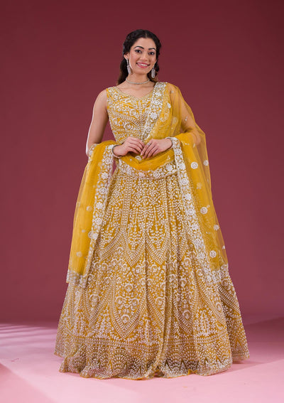 Yellow Zariwork Net Readymade Lehenga-Koskii