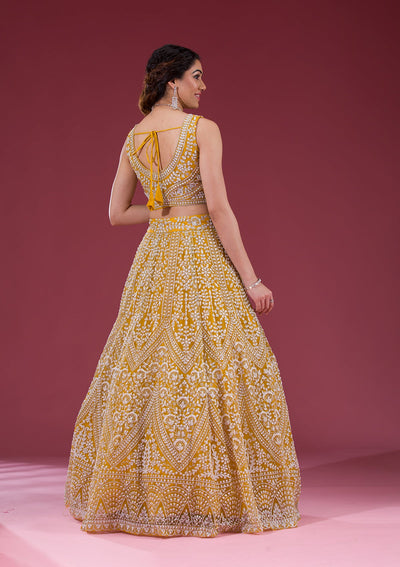 Yellow Zariwork Net Readymade Lehenga-Koskii