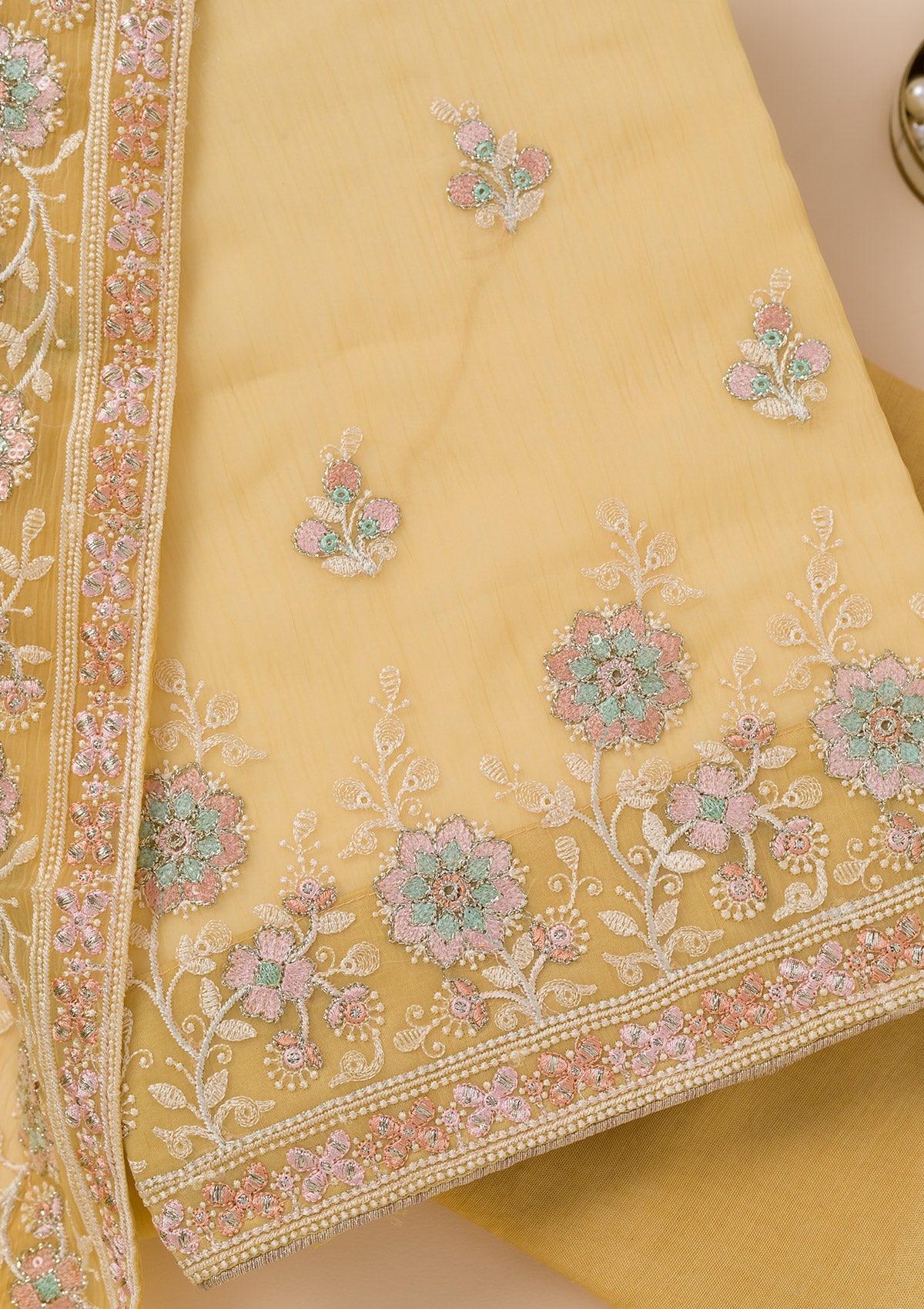 Yellow Zariwork Organza Unstitched Salwar Suit-Koskii