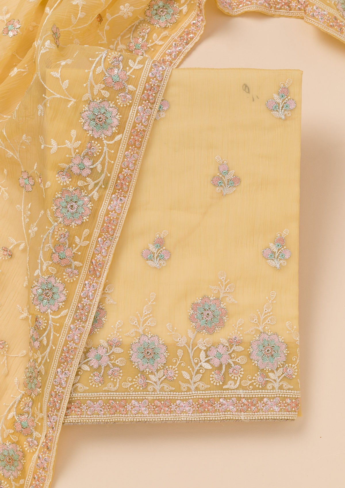 Yellow Zariwork Organza Unstitched Salwar Suit-Koskii