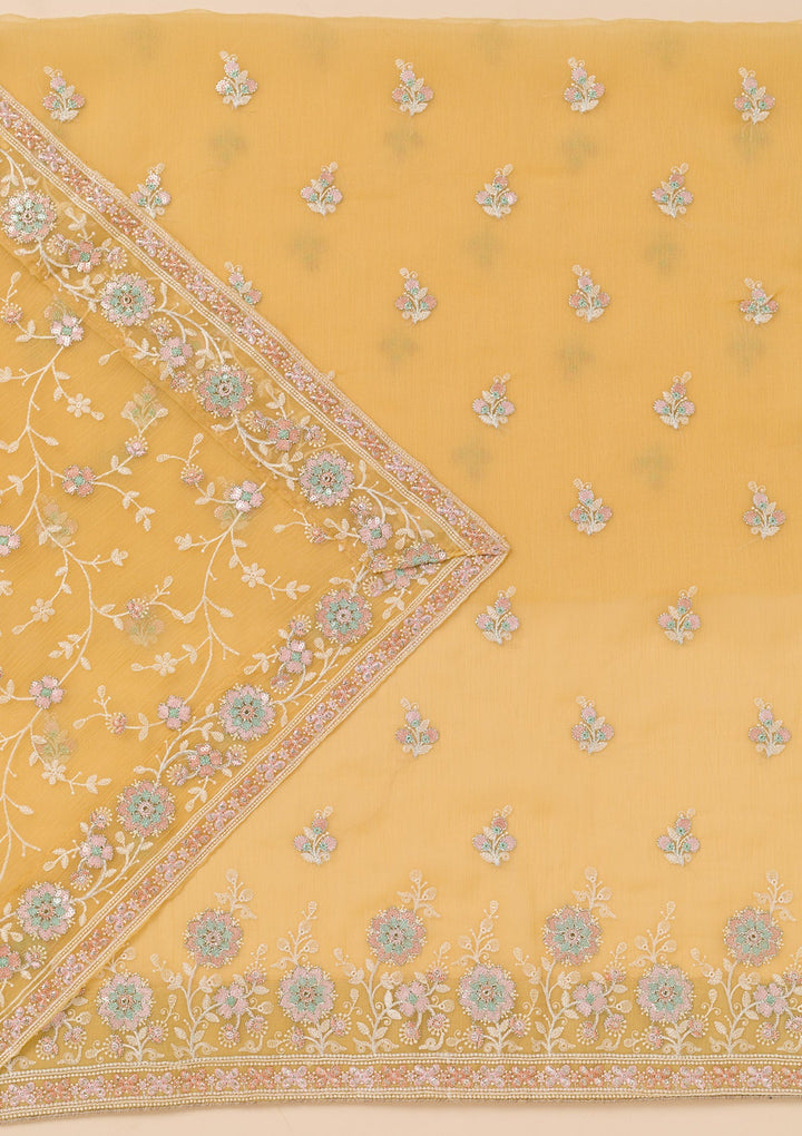 Yellow Zariwork Organza Unstitched Salwar Suit-Koskii