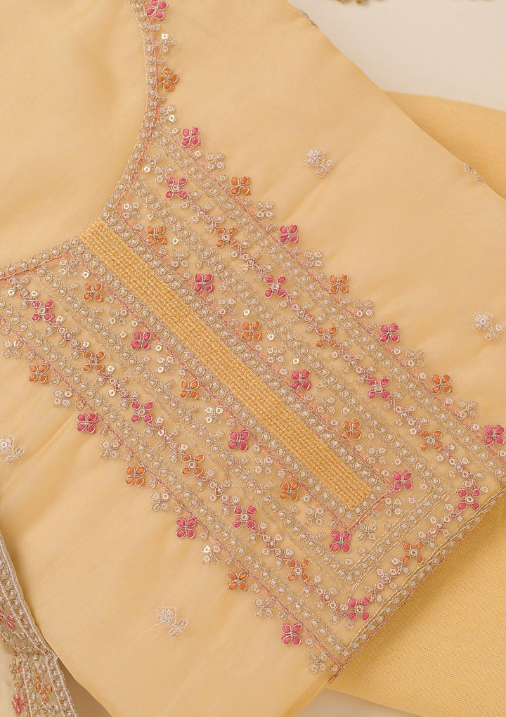 Yellow Zariwork Organza Unstitched Salwar Suit-Koskii