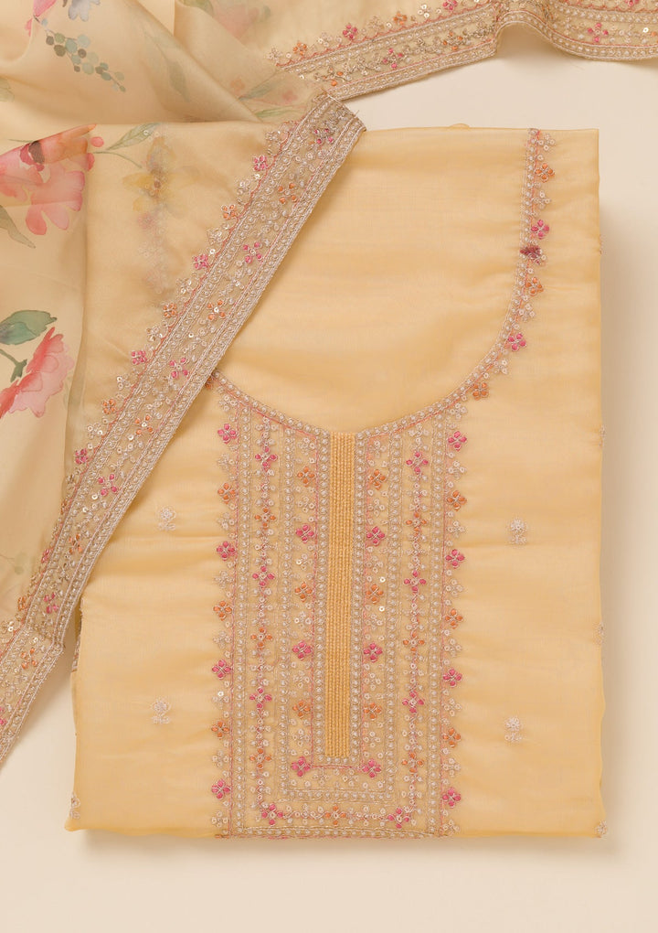 Yellow Zariwork Organza Unstitched Salwar Suit-Koskii