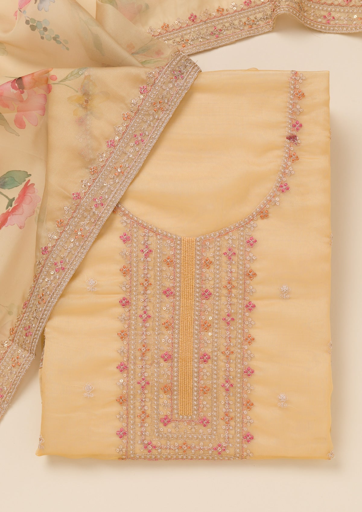 Yellow Zariwork Organza Unstitched Salwar Suit-Koskii