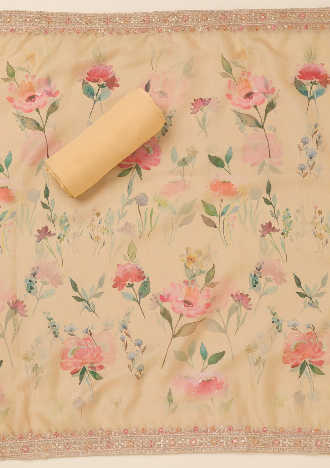 Yellow Zariwork Organza Unstitched Salwar Suit-Koskii